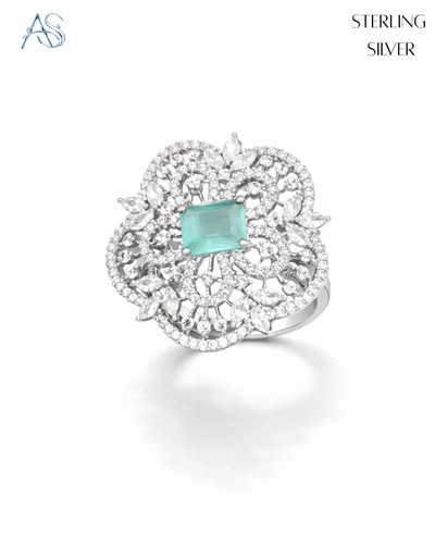 Floral Aqua Silver Ring