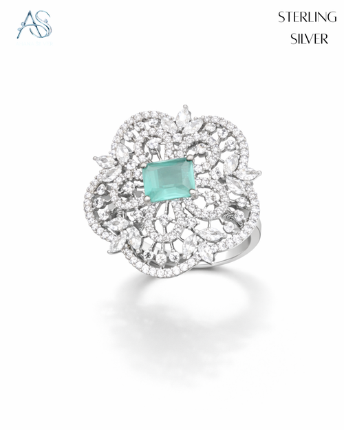 Floral Aqua Silver Ring