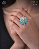 Aqua Sunburst Silver Ring
