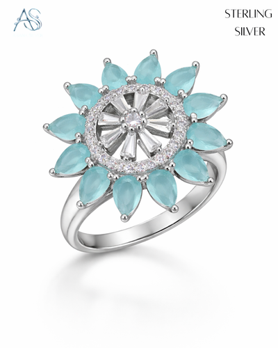 Aqua Sunburst Silver Ring