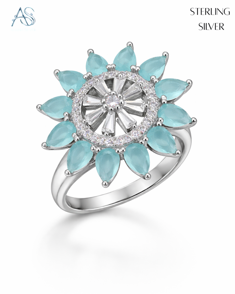 Aqua Sunburst Silver Ring